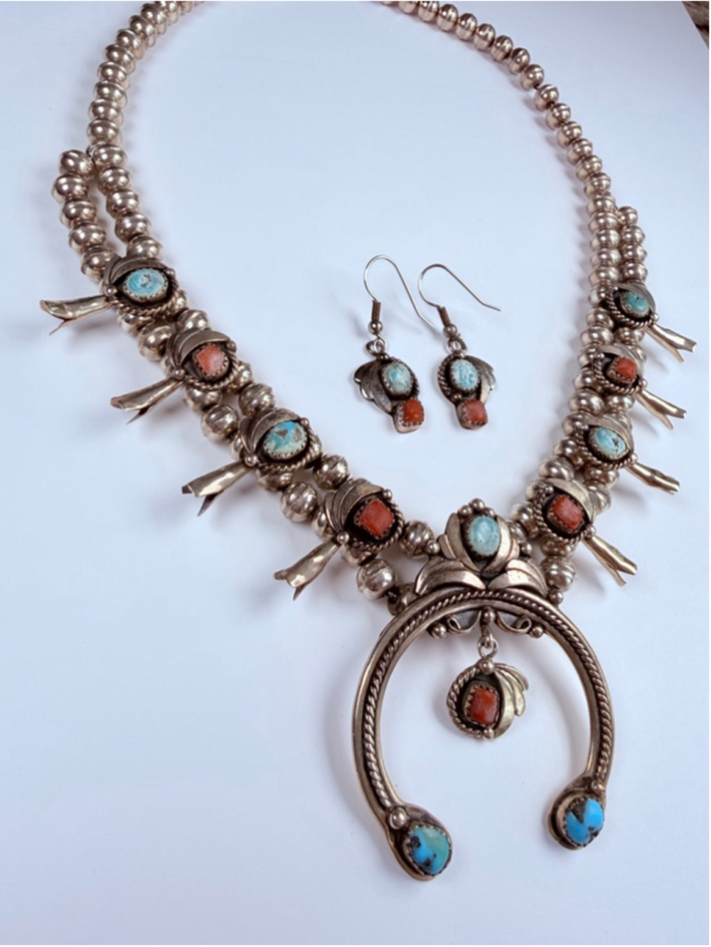 Old Pawn Navajo Squash Blossom Turquoise Coral Sterling VTG Necklace, Earrings - Picture 6 of 11